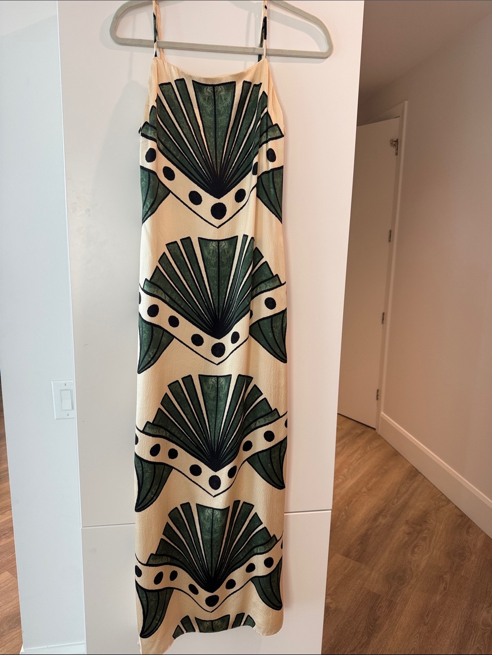Johanna Ortiz Cream Maxi Dress with Green Graphic Fans
